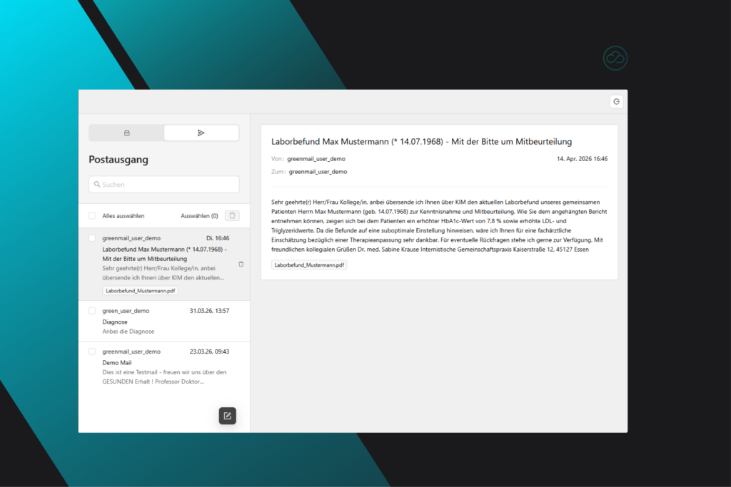 A screenshot of the NubiLink KIM secure medical messenger showing the "Postausgang" (outbox) with an opened email containing the laboratory report for patient Max Mustermann (*14.07.1968), sent via the German medical communication system KIM