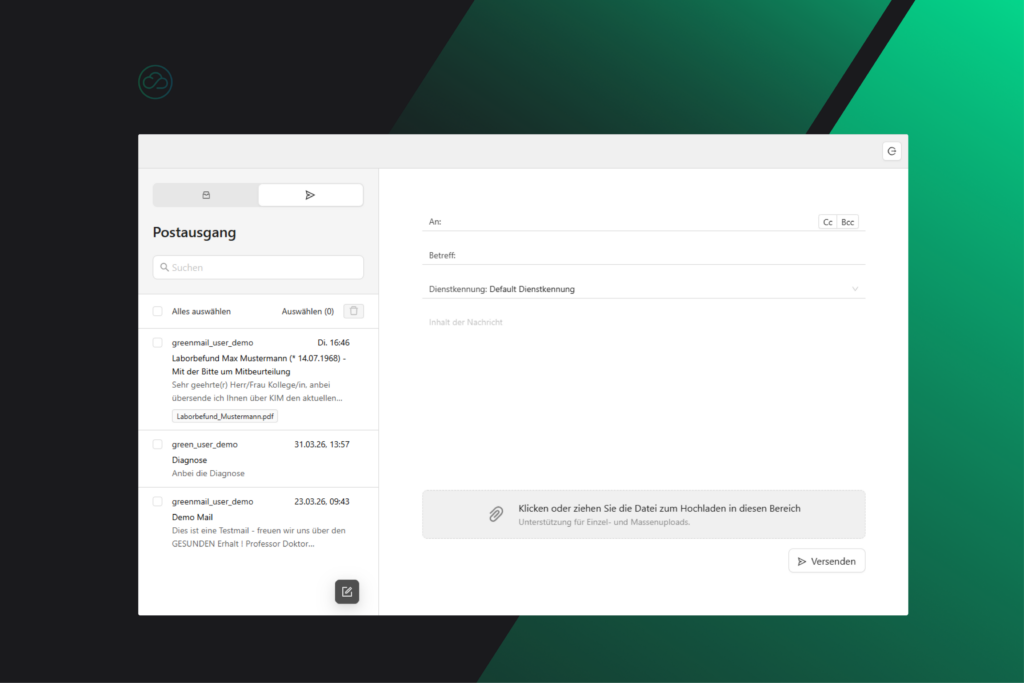 A screenshot of the NubiLink KIM secure medical communication client displaying the new message composition window with fields for recipient, subject, and file attachment area for secure medical data exchange.