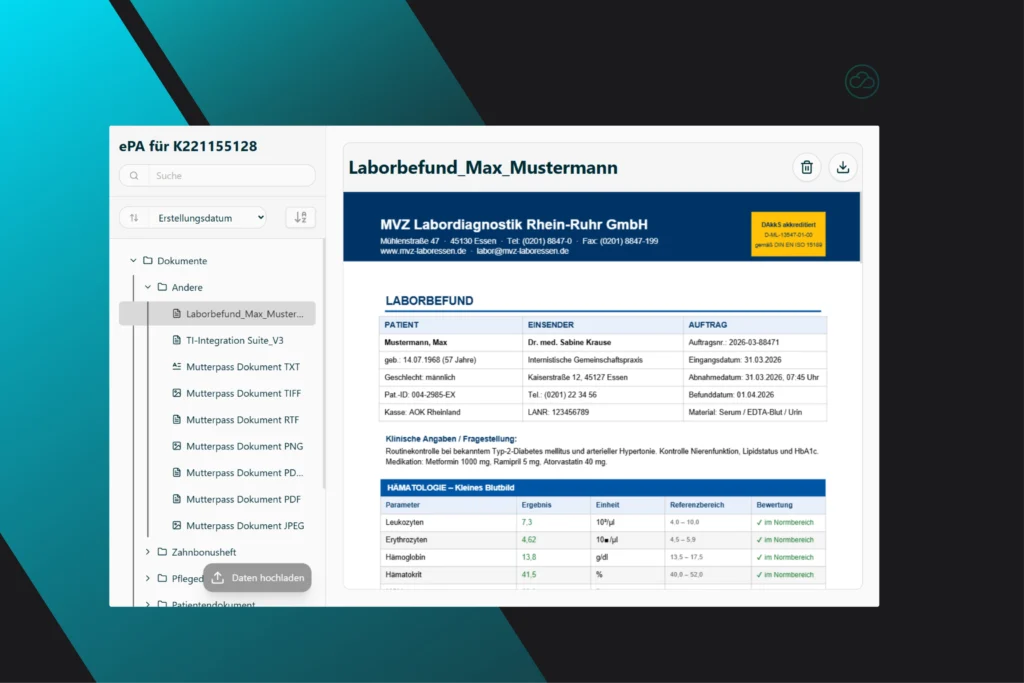 Screenshot des ePA-Systems von NubiSoft GmbH mit dem Laborbefund „Laborbefund_Max_Mustermann“, inklusive Patientendaten, Absenderinformationen und Hämatologie-Ergebnissen.