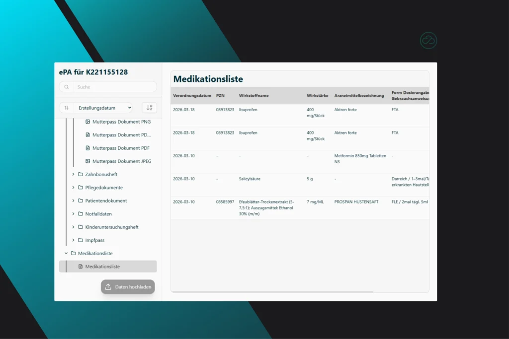 Screenshot der ePA-Plattform von NubiSoft GmbH mit der angezeigten „Medikationsliste“ einschließlich Verordnungsdatum, Wirkstoffnamen und Dosierungsangaben.
