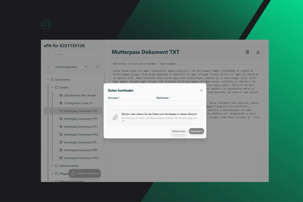 Screenshot der ePA-Oberfläche von NubiSoft GmbH mit dem Dokument „Mutterpass Dokument TXT“ und geöffnetem Modal-Fenster „Daten hochladen“ zur Eingabe von Vorname und Nachname.